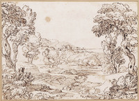 K V 055
<br/>
Gezicht op landweg naar een stad tussen boomgroepen
<br/>
<em>Onofri, Crescenzio (1634-1714)</em>